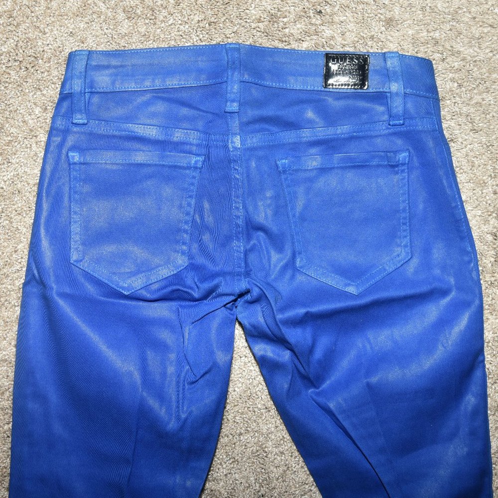 Guess Power Skinny wax coated low-rise bright blue shiny skinny pants sz 24, NWT - Picture 2 of 5